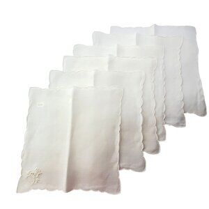 6 VTG Linen Embroidered Scalloped Edge Cocktail Napkins White Floral appliqué